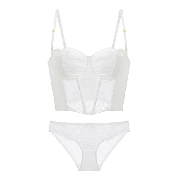 Gibobby Conjunto de lencería Sujetador + tangas conjunto de sujetador con bloques de encaje de copa fina Sexy para mujer conjunto de ropa interior push-up en forma(Blanco, G)