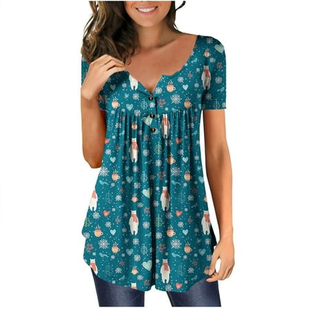 

Corset Top Maternity Shirts Woman Fashion Short Sleeve V Neck Button Christmas Printing Casual Blouse T-Shirt Tops Shirt Womens Tank Tops Black Crop Top on Sales Blue 2XL