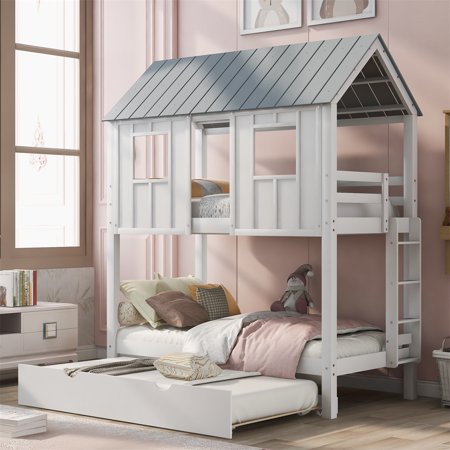 House Bunk Bed with Trundle  Twin Over Twin Bunk Bed with Roof and Windows  Pine Wood Bed Frame with Ladder and Full-length Guardrails for Kids  Teens  Boys and Girls  No Spring Box Needed  White
