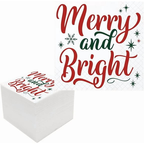 20pcs Christmas Cocktail Napkins, Merry And Bright Paper Beverage Napkins Bulk for Xmas Birthday Holiday Party Table Decor , 5x5 5"x5"