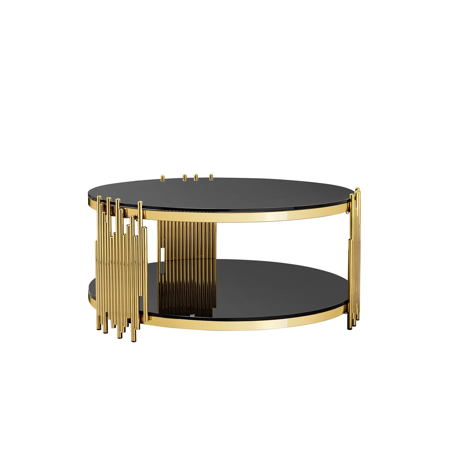 Hommoo Modern Round Coffee Table with Double-Tier Tempered Glass & Stainless Steel Frame, 31.5" Diameter, Easy Assembly, Living Room, Office & Bedroom Use, Black & Gold