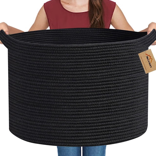 Cesta de almacenamiento MEGASKET, cuerda tejida negra grande de 56 x 56 x 36 cm