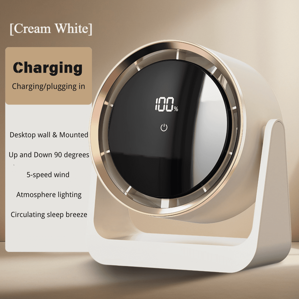 SpaceMuse Desk Fan Quiet Digital Display Portable 360°Rotate, Whole Room Air Circulator with 5 Speeds, Small Travel Camping Table for Fan Bedroom, Beige