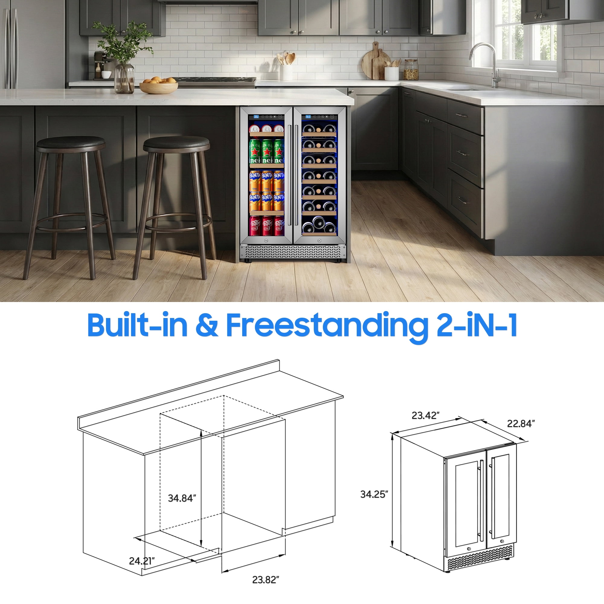 AVAHUM 24 Inch 21-Bottle & 88-Can Dual Zone Wine and Beverage Refrigerator, Under Counter Built-In Fridge, Round Handle