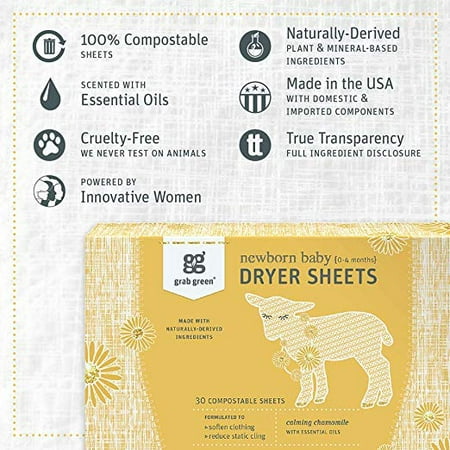 Grab Green Newborn Baby Dryer Sheets , Compostable, Free of Wax & Animal Derived Ingredients, Calming Chamomile Fragrance with Essential Oils 30