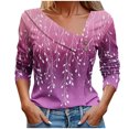 thumbnail image 2 of Uootdi Tops for Women Asymmetrical Lapel V Neck 3/4 Sleeve Side Button Front Gradient Willow Leaf All Over Print Soft Woven Vacation Tops for Women Loose Fit Coastal Holiday Airy Womens Tees, 2 of 5