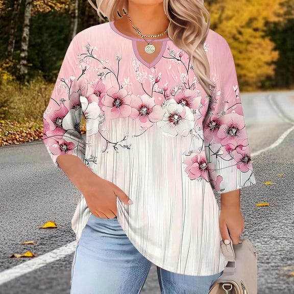 LEKWK Womens Dressy Tops Regular Fit Keyhole Neck 3/4 Sleeve Tops Regular Fit Elegant Flower Print Blouses & Button-Down Shirts Contrast Color Design Business Casual Outfits