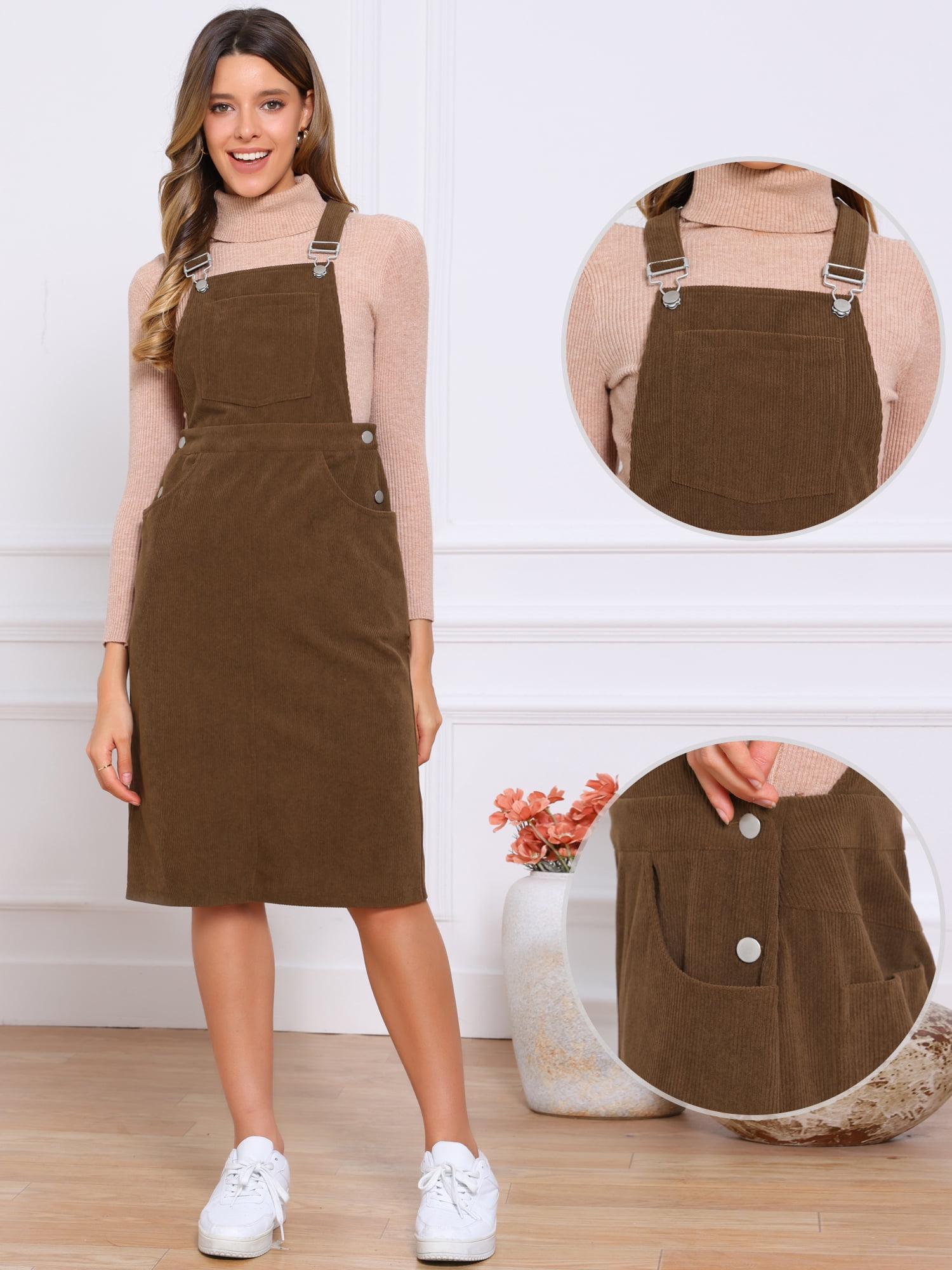 DARING DIVA Midi Pinafore Dress with Adjustable Straps and Pockets X-Small Brown