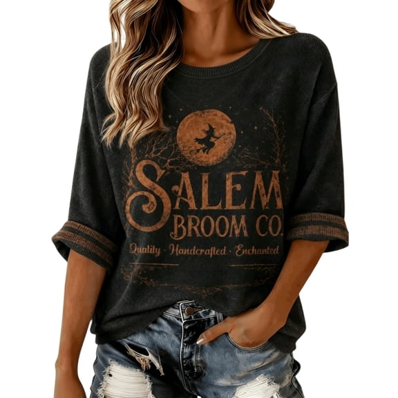 Crew Neck Sweatshirts for Women 3/4 Sleeve Vintage Witch Broom Graphic Pullover Distressed Casual Fall Halloween Festival Events Top Dark Gray XXXXL