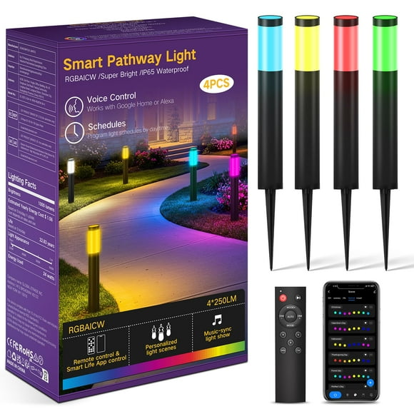 OUTON Outdoor Pathway Lights, 250LM RGBAICW Low Voltage Landscape Lighting, Smart Color Changing with APP/Voice/Remote Control, IP65 Aluminum Wired Walkway Lig