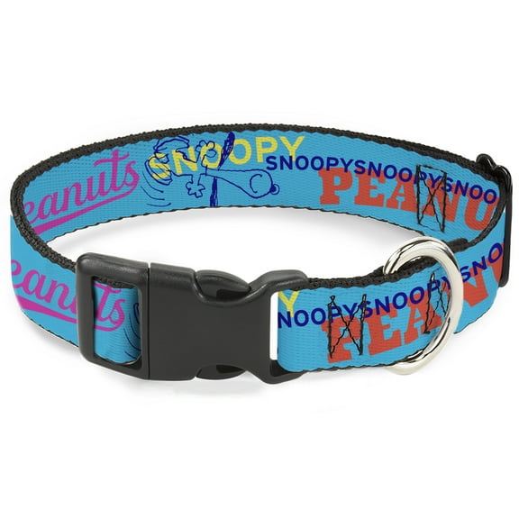 Peanuts Worldwide LLC Pet Collar, Dog Collar Plastic Buckle, Charlie Brown Snoopy and Woodstock Typography Collage Blue, 7 to 8.5 Inches 0.5 Inch Wide