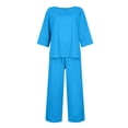 thumbnail image 5 of MDUKONU Women's Linen 2-Piece Set - Loose Short Sleeve Top & Cropped Wide Leg Pants Blue L, 5 of 6