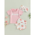 thumbnail image 2 of vera natura Baby Girls Shorts Set, Short Sleeve Letters Print T-shirt with Peach Print Shorts and Bowknot Hairband, 2 of 9