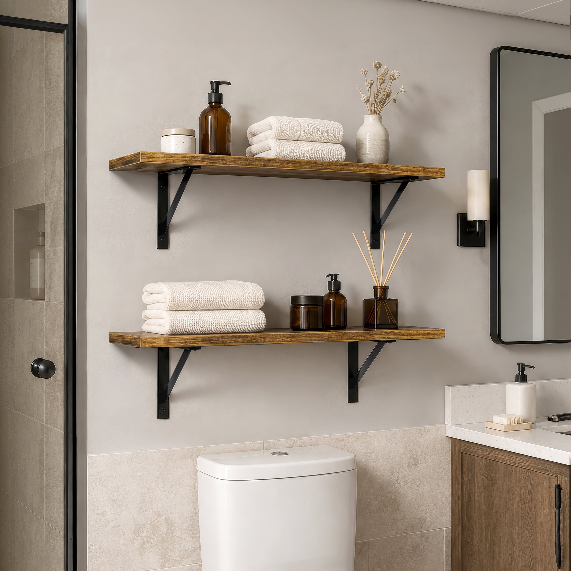 Sorbus Wall Shelves 31.5" with Black Metal Brackets, Floating Storage Shelves, Brown, Set of 2