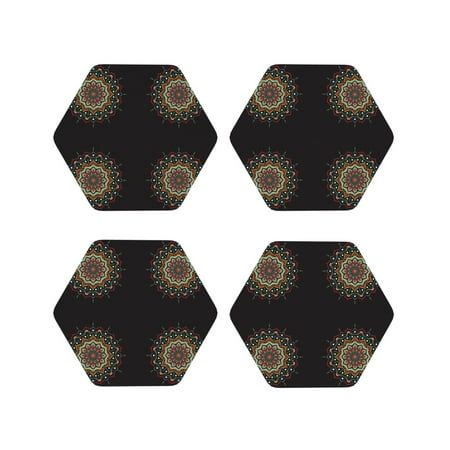 

Honeii Colorful Mandala Print Leather Coaster Set of 4 Ideal for Safeguarding Your Furniture from Drinks Spills and Effortless Cleanup-Hexagon