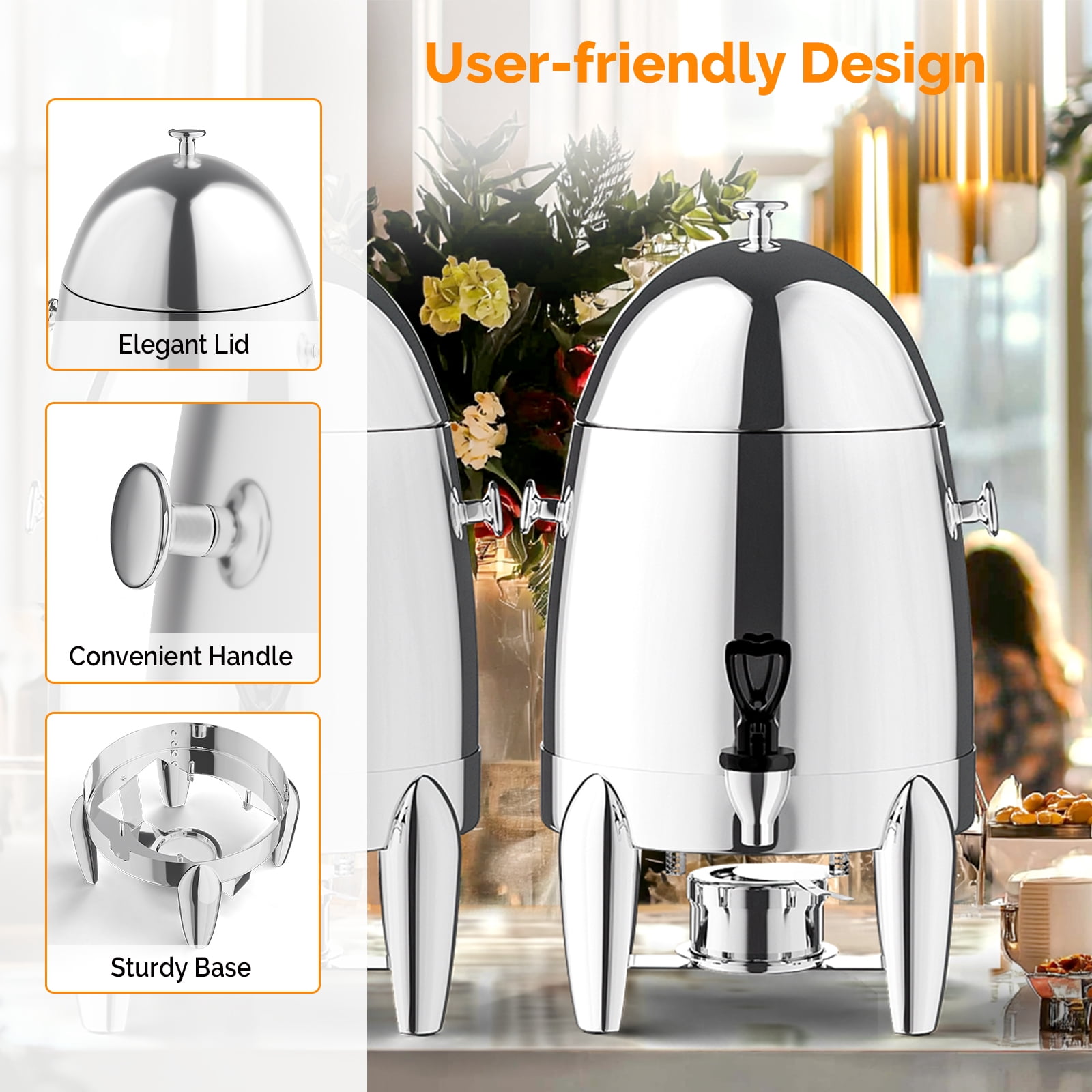 ROVSUN 3 Gallon/12L Beverage Dispenser, Stainless Steel Coffee Chafer Urn with Fuel Holder, Drink Dispenser with Stand Ice Container Spigot, Hot & Cold Drinks for Party Catering Buffet Banquet,Silver