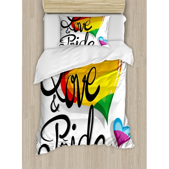 Pride Twin Size Duvet Cover Set, Vibrant Big and Little Hearts Gay Lesbian Transsexual Romantic Design Love and Pride, Decorative 2 Piece Bedding Set with 1 Pillow Sham, Multicolor, by Ambesonne