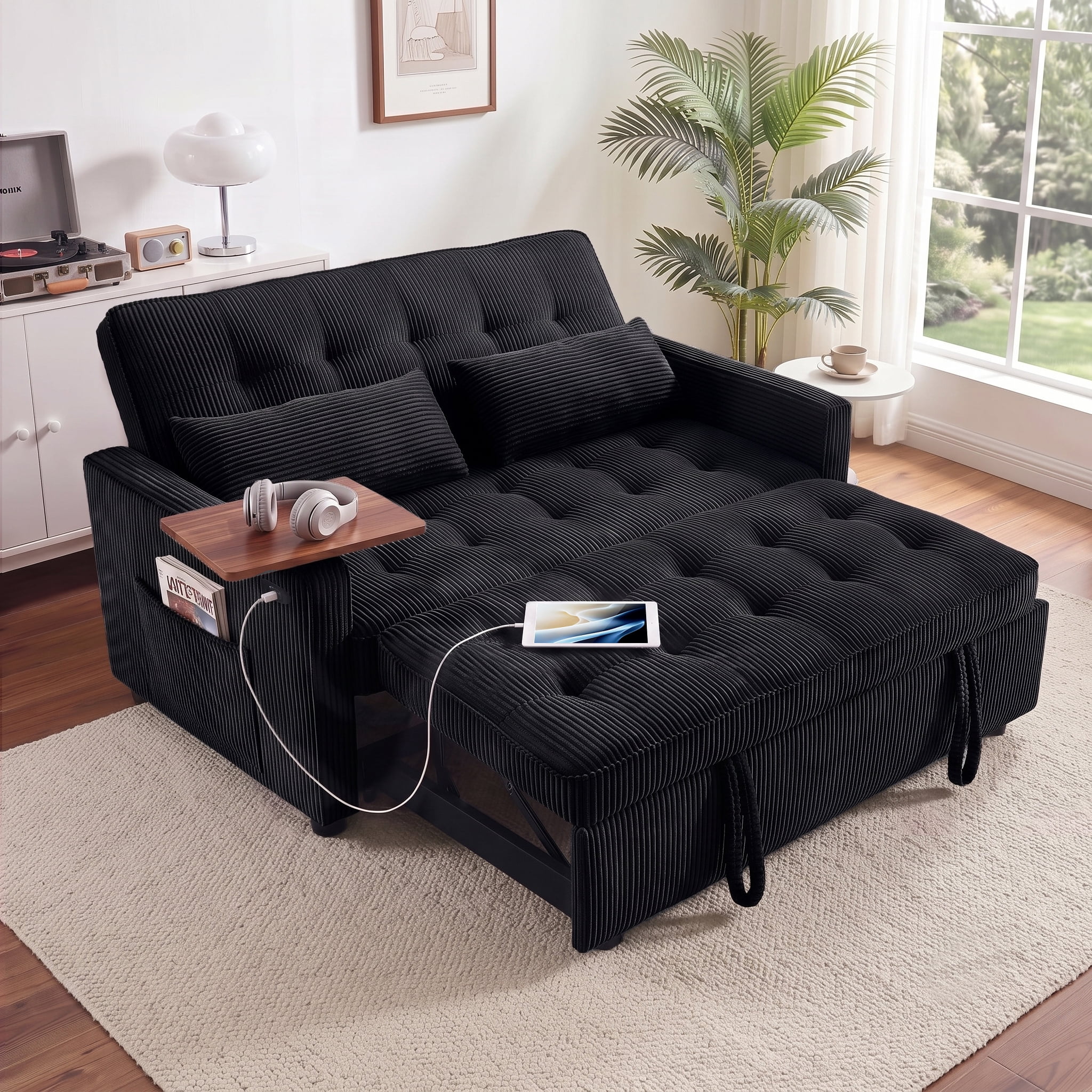 AISWORD 55" 3-in-1 Convertible Sleeper Sofa Bed, Pull Out Loveseat Couch with Side Tray Table & USB Charging Port, Adjustable Backrest Sofa for Apartment, Bedroom, Office, Black