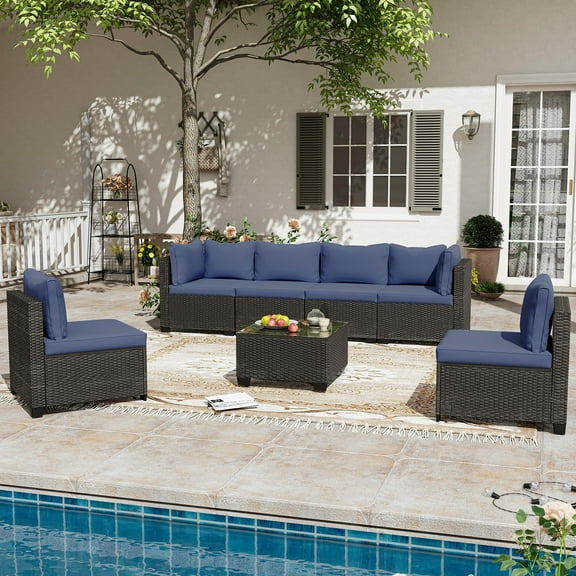 LAUSAINT HOME 7 Pieces Patio Conversation Set, Outdoor Sectionals with 6 Chairs and 1 Coffee Table, Blue Cushions