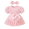 thumbnail image 2 of Baby Girl Lace Romper Dress Ribbed Knit Bodysuit with Puff Sleeves Pink 0-3 Months, 2 of 8