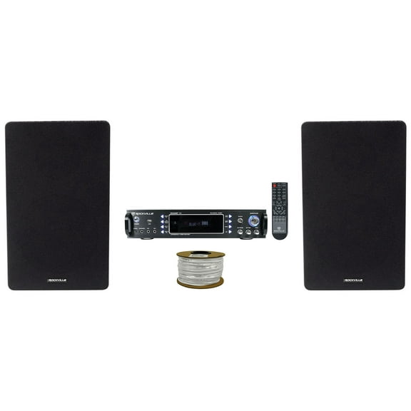 Rockville RPA60BT Bluetooth USB Receiver (2) 6.5" Black Bookshelf Speakers   Rockville R14GSBR100 Red/Blk 14 Gauge 100' Ft. Mini Spool Car Audio Speaker Wire