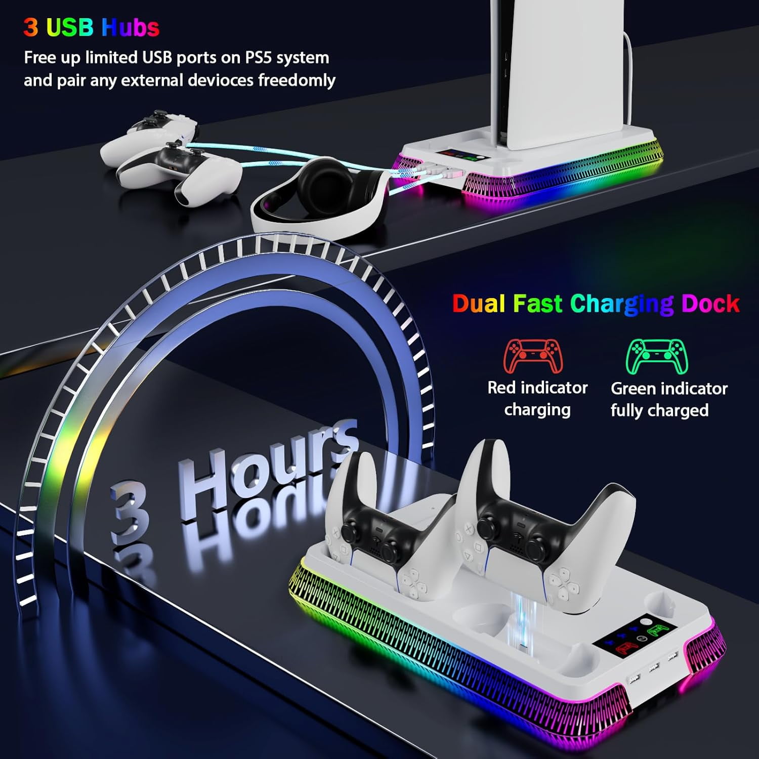 PS5/Slim/Pro Cooling Station for PlayStation 5 Console,PS5 Cooler Fan with Dual PS5 Controller Charger Incl. 3 Level Fans,Headset,USB Hubs,PS5/Slim Stand for PlayStation 5 Accessories