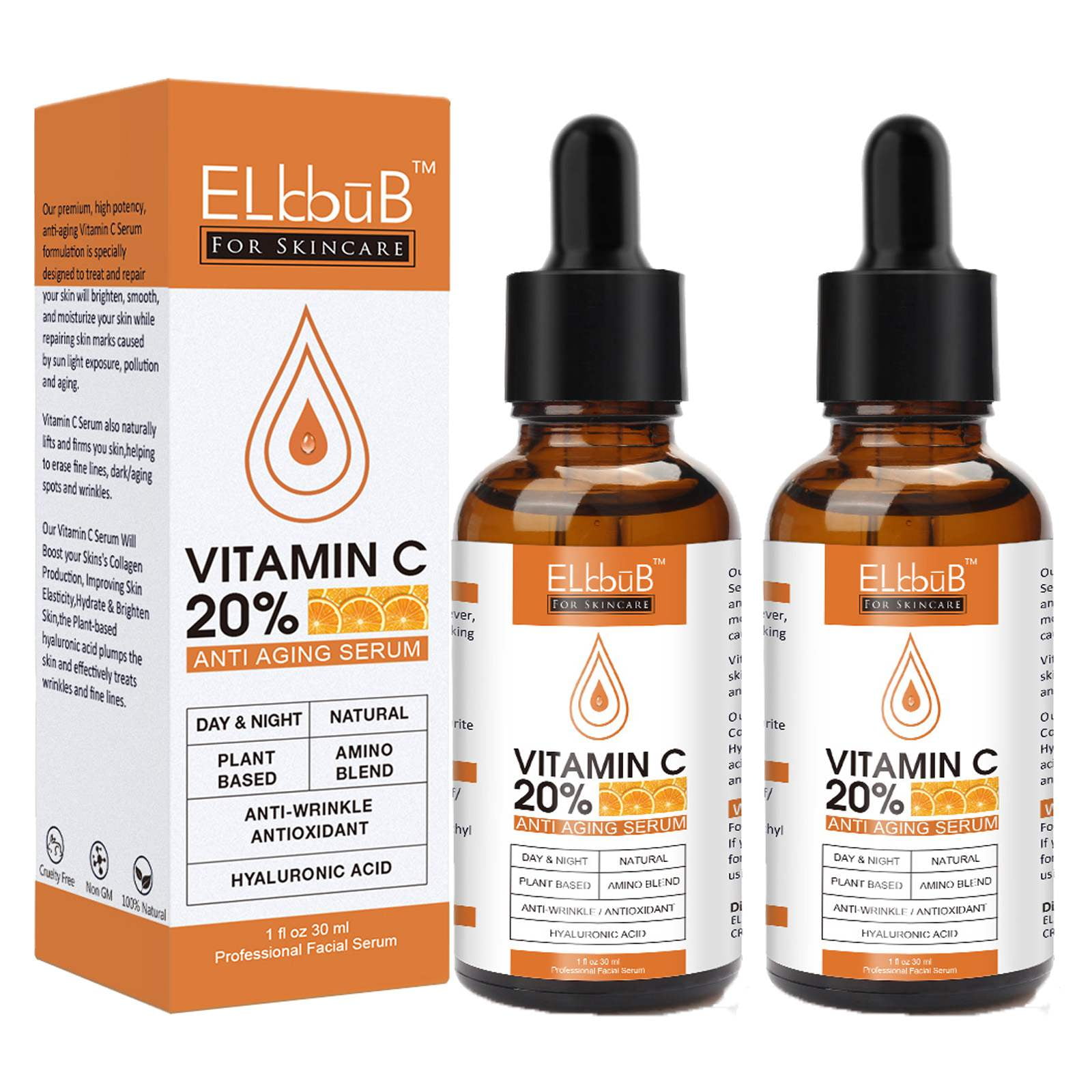 Elbbub 20% Vitamin C Serum for Face & Neck with Hyaluronic Acid, Vitamin E & Ferulic Acid, Hydrating Facial Serum, 30ml(2Pack)