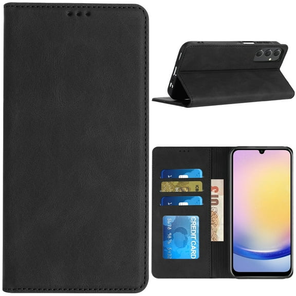 Leather Folio Wallet Case for Samsung Galaxy S25 Plus - Black