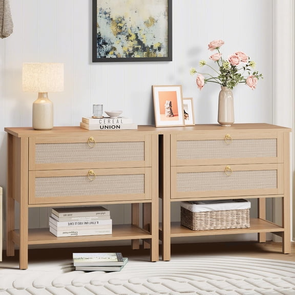 Set of 2 Modern Boho Rattan Nightstands, Farmhouse Bedside Tables with 2 Drawers & Open Storage Shelf, Wide Contemporary Accent Furniture for Bedroom
