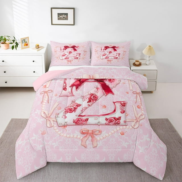 Erosebridal Letter Personalized Comforter Sets Queen Size,Bowknot Flower Bedding Queen Comforter Set,Pink Red Comforters & Duvets,Lightweight Initial Room Decoration,Reversible,3-Piece