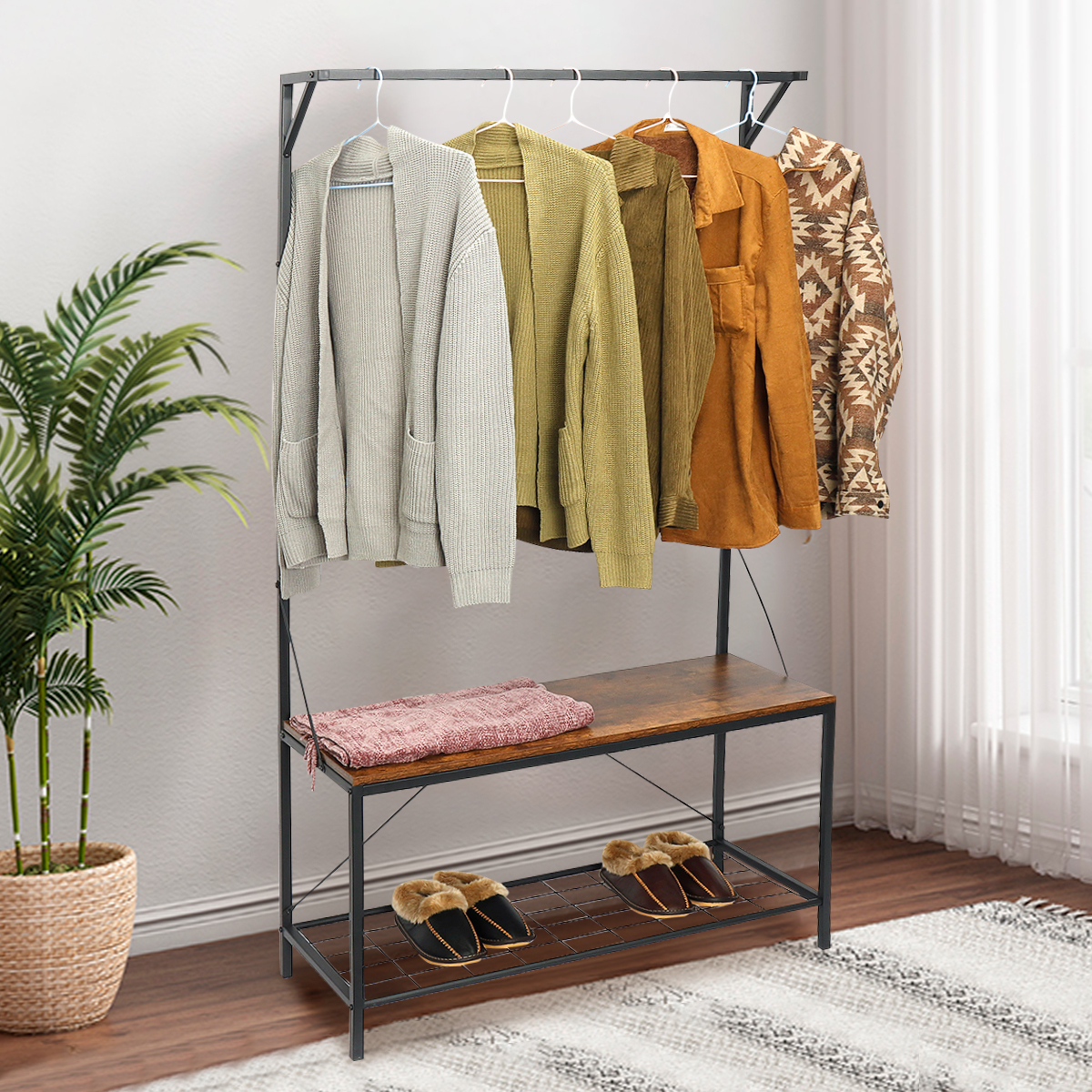 Entryway Coat Rack Shoe Storage Bench, 3 Tiers and 5 Hooks