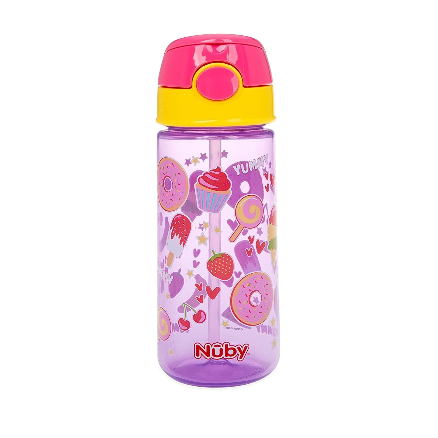Nuby 2367457 18 oz Flip-It Printed Cups with Push Button Cap - 18 Month Plus - Pack of 2 - Case of 12