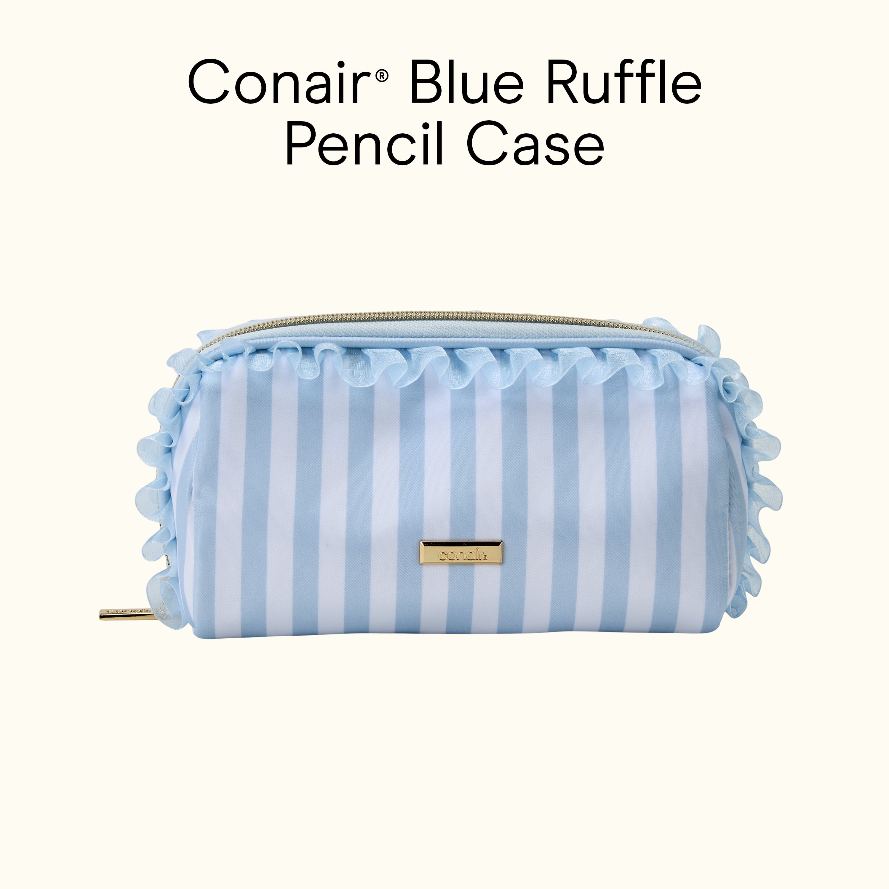 Conair Blue Ruffle Pencil Case, Compact Beauty Organizer with Metal Hardware, 1 Count