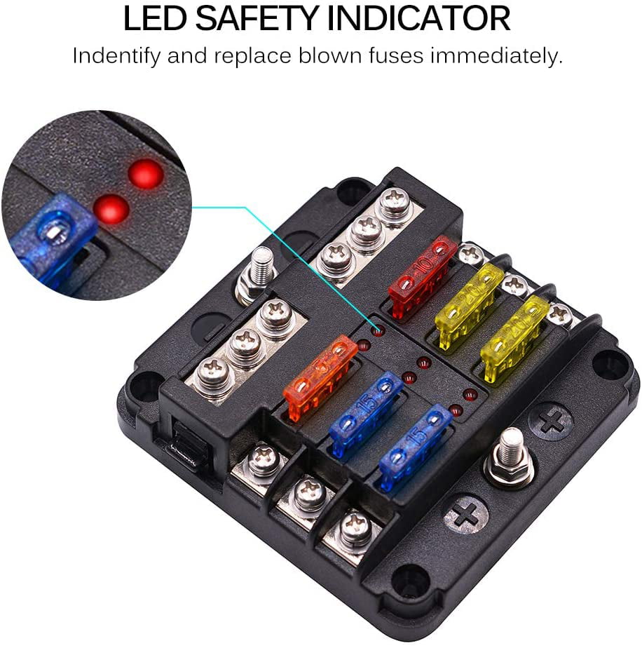Marine Cars LED Light Indicator & Protective Cover For Vehicles Boats Automotive 6-Way Fuse Block ATC/ATO Fuse Box With Ground 