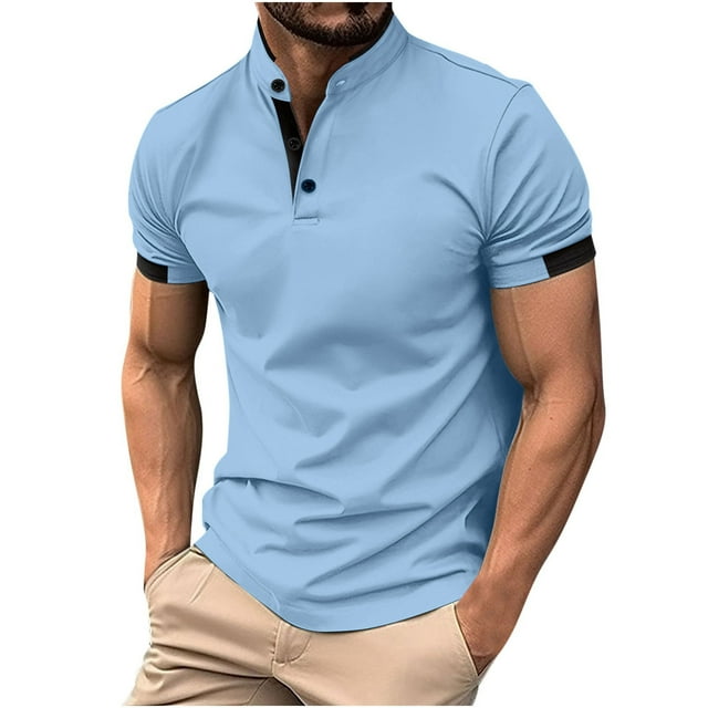 Birdeem Chemises pour Hommes Patchwork Automne Bouton Col Rond Sport Manches Courtes