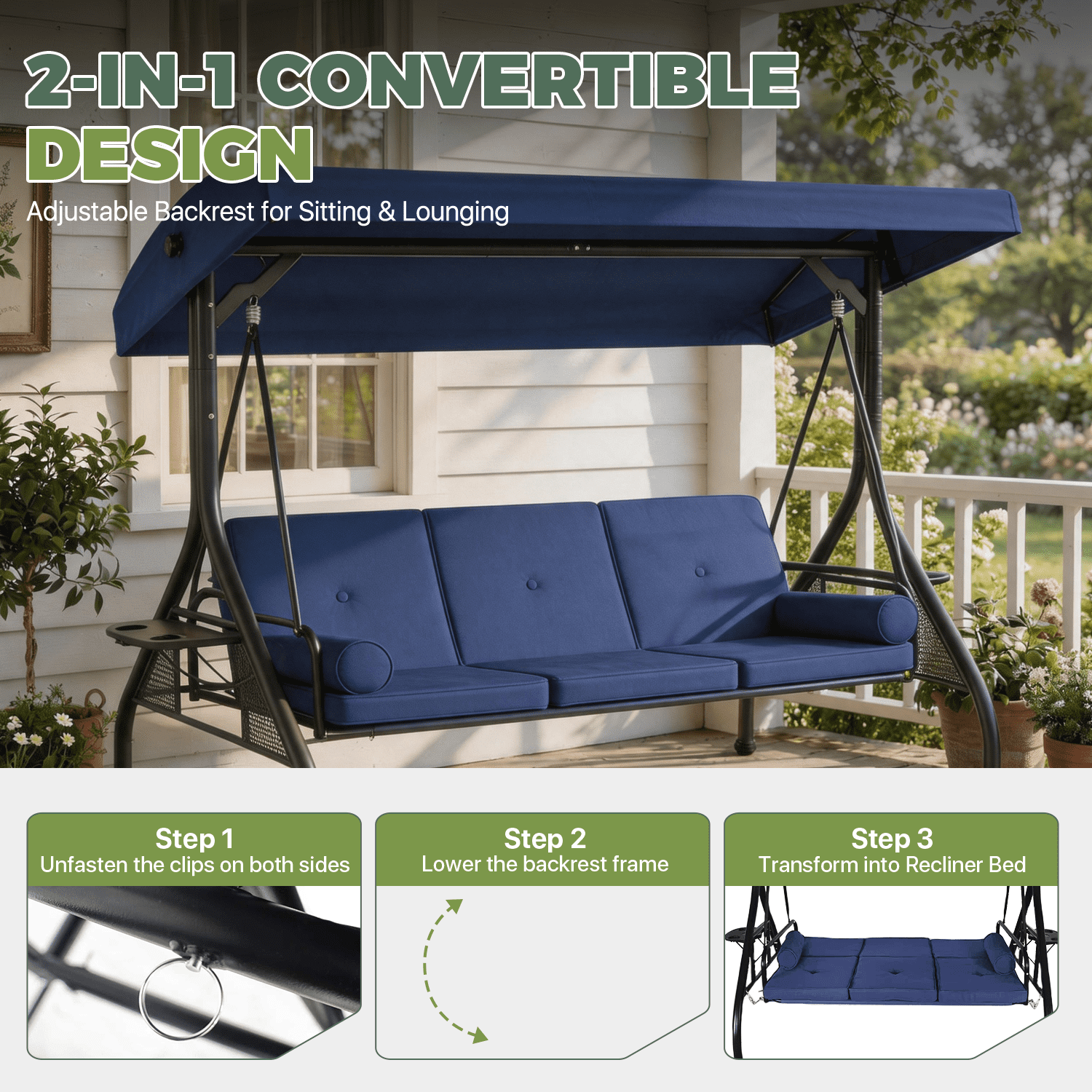 BaPiPro 3-Seat Metal Patio Swing with Adjustable Canopy, Cushions, Foldable Side Table, 2-in-1 Design for Patio, Garden, Porch, Blue