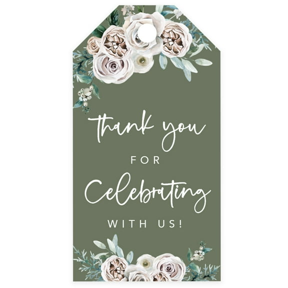 Koyal Wholesale Sage Green|Cream Floral Blossoms Wedding, Classic Gift Tags, Thank You for Celebrating With Us, 20-Pk