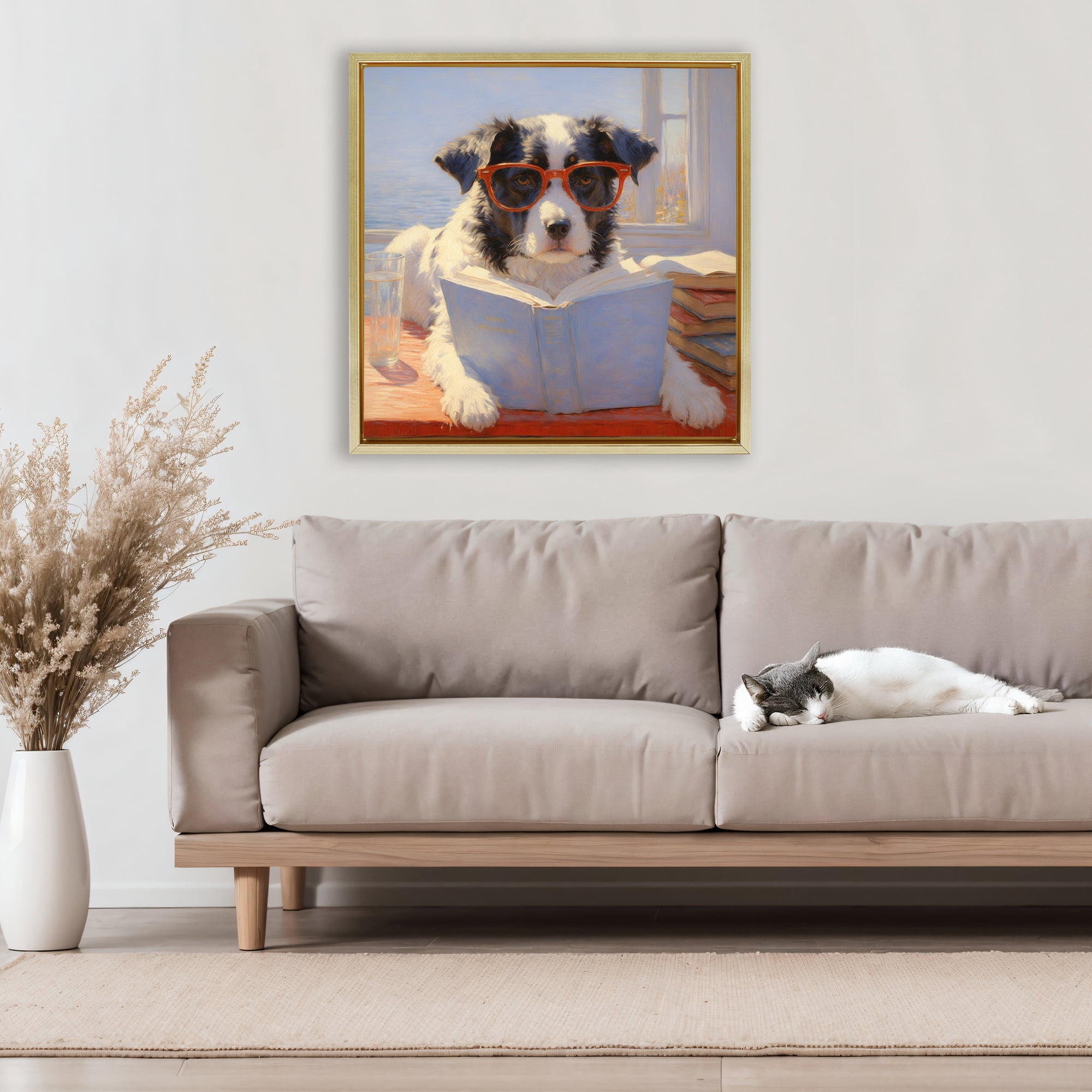 Stupell Industries Sunlit Dog Reading By Window Gold Framed Floater Canvas Wall Art, design by Angie Hawke