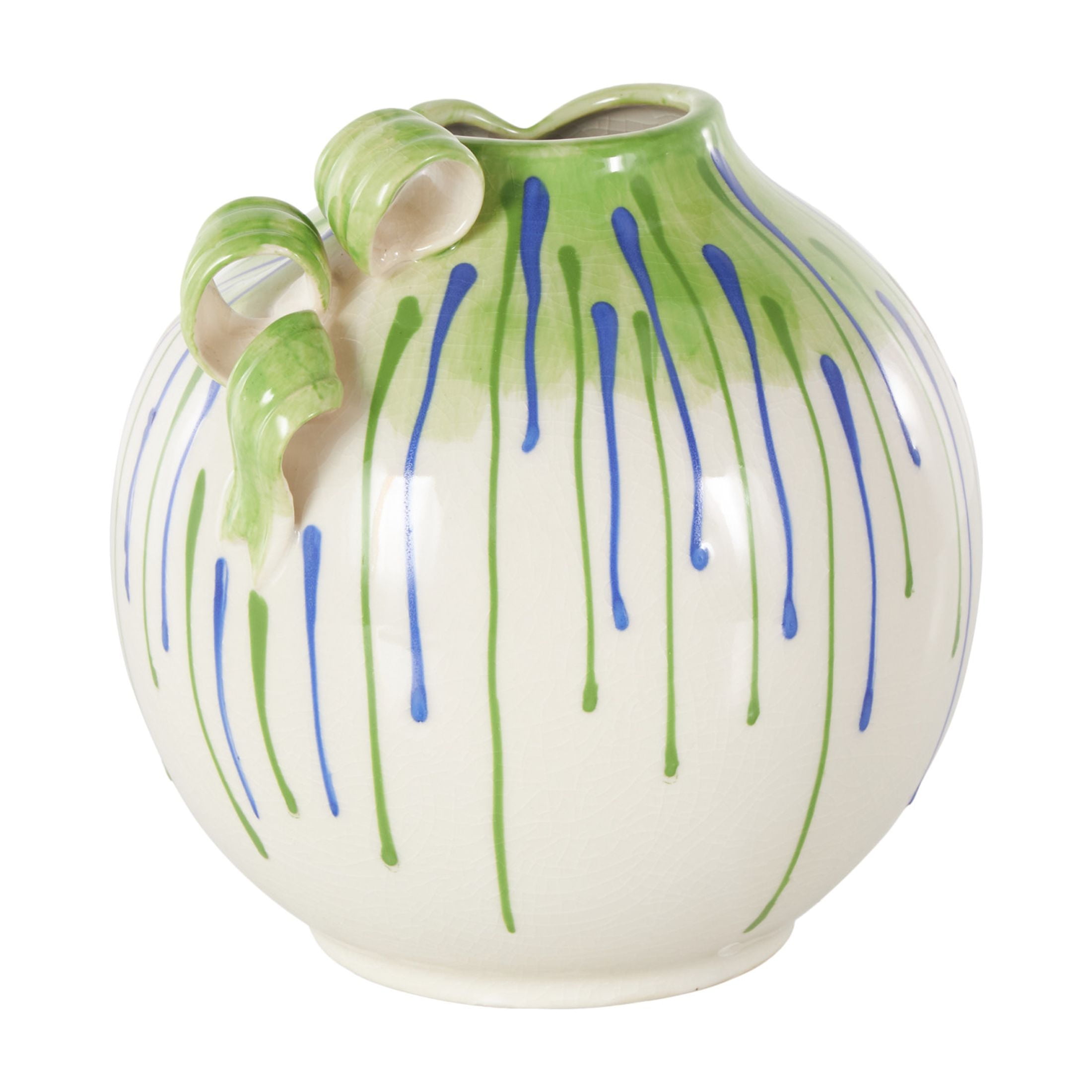 DecMode 8" Abstract White Ceramic Vase with Green and Blue Drip Design and Handles