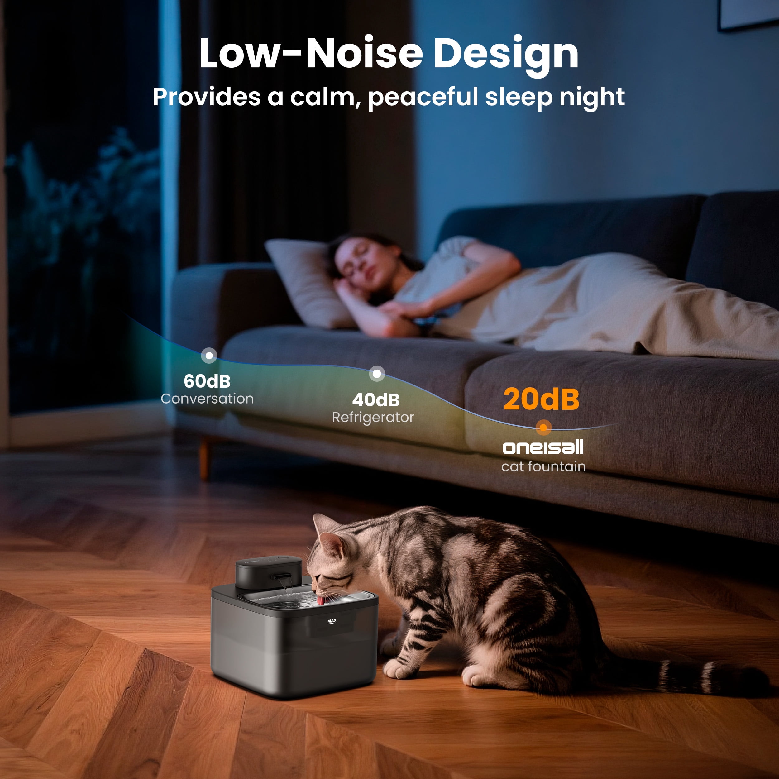 Oneisall CW-04 Wireless Cat Water Fountain Stainless Steel Tray, 2.2L/74oz Low Noise Cat Water Dispenser, Cat Drinking Fountain with 3 Filters- Silver