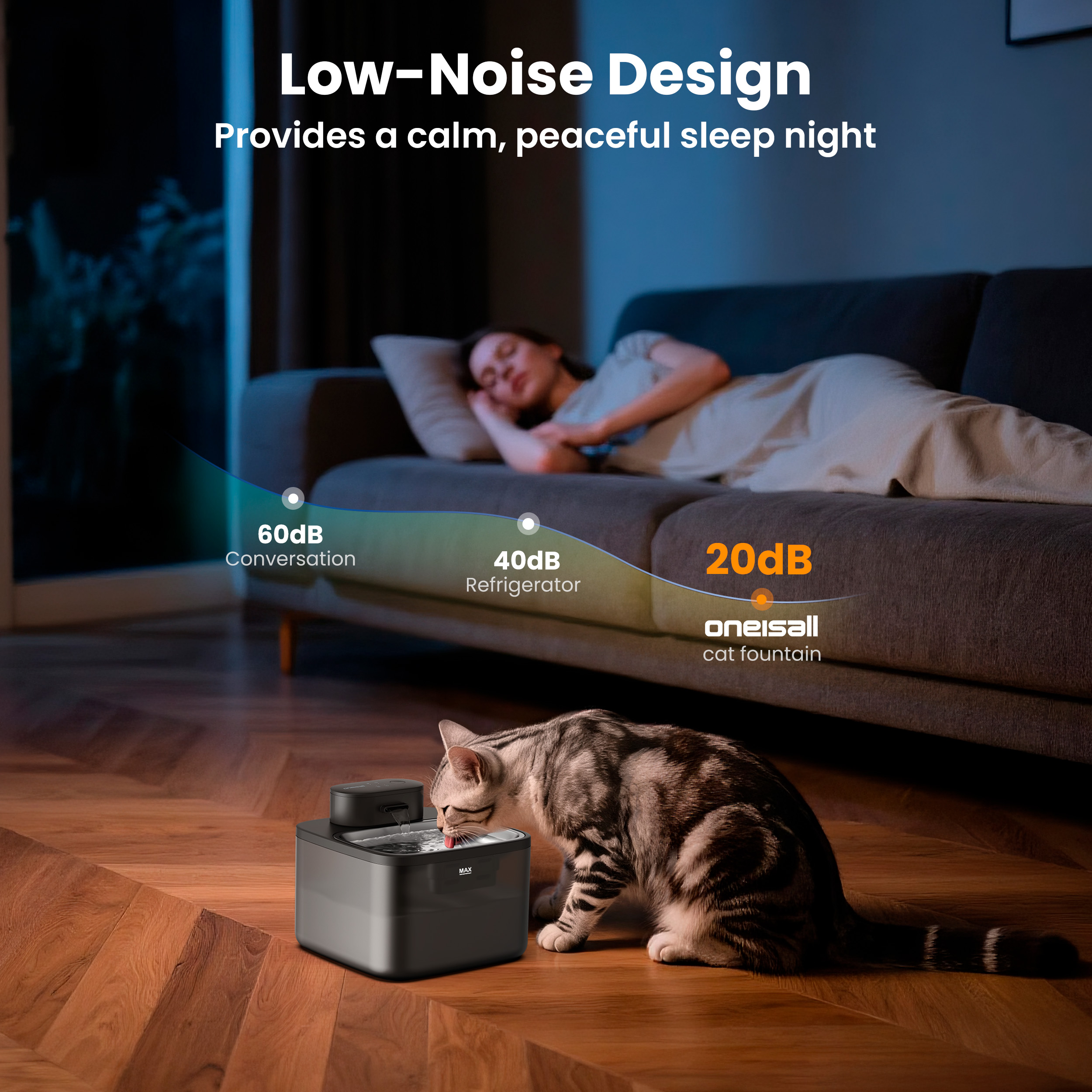 Oneisall CW-04 Wireless Cat Water Fountain, Stainless Steel, 2.2L photo 4