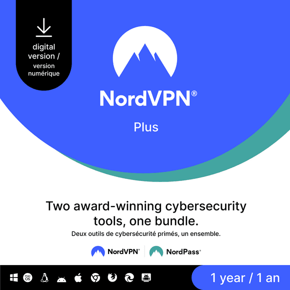 NordVPN Plus - Forfait Cybersécurité 1 An (VPN et Gestionnaire de Mots de Passe) [Code Numérique]