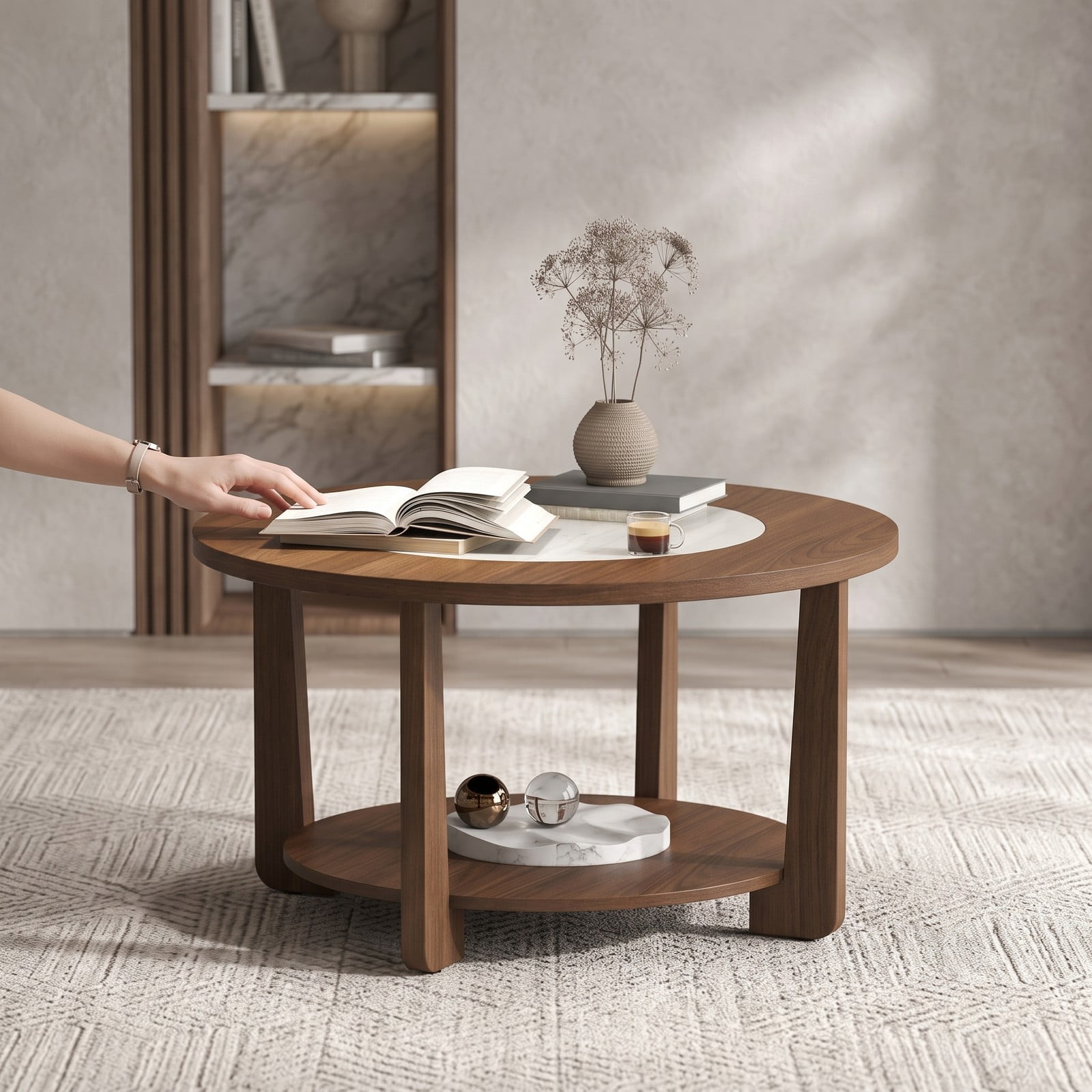 Furnibear Farmhouse Round Coffee Table, 2-Tier Accent Center Table with 2-Tone Tabletop and Open Storage Shelf, Solid Rubber Wood Legs, Round Cocktail Table for, Brown