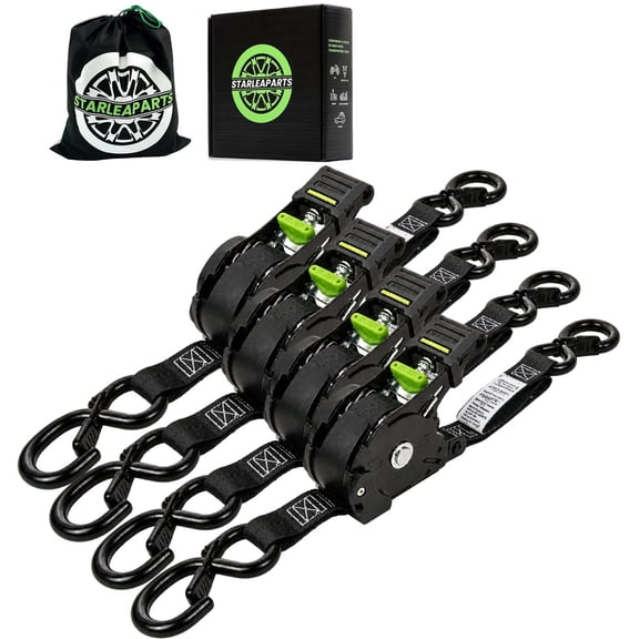 Retractable Ratchet Straps STARLEAPARTS, 1500lb Break Strength, 1" x 12' Auto Retractable Heavy Duty Ratchet, Safety Lock S Hooks, Carry Bag (Black 4 Pack)