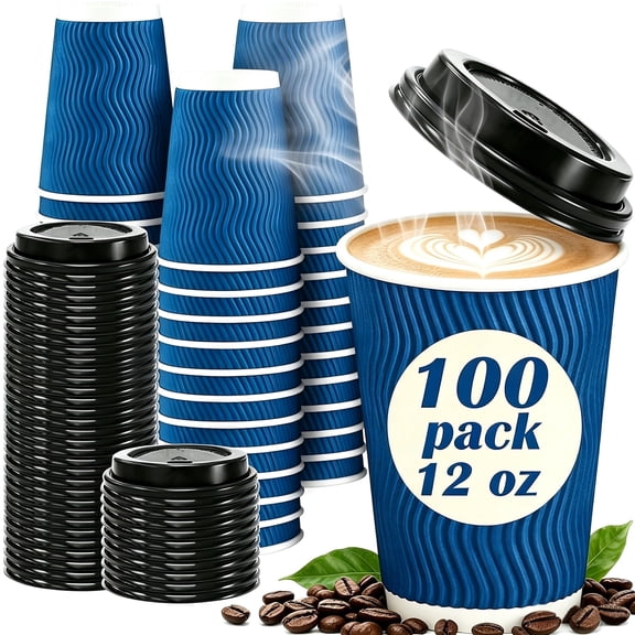 Lamosi Disposable Paper Cups with Lids 12 oz,Insulated to Go Cups,Ripple Double Wall,Blue 100 Count