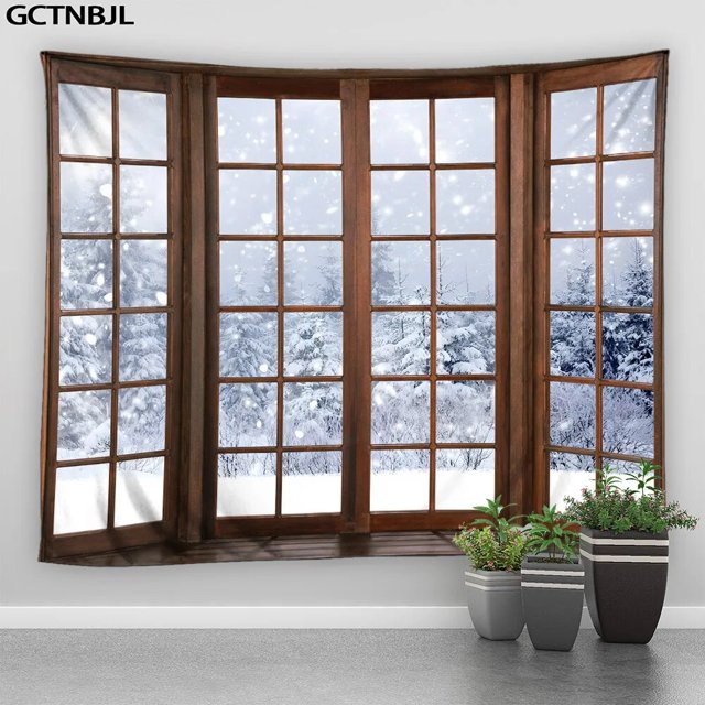 Tapiz navideño colgante de pared fuera de la ventana, Paisaje de nieve, bosque, invierno, dormitorio, sala de estar, decoración del hogar, tela