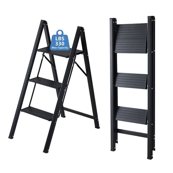 CONCETTA Aluminum alloy 3 Step Ladder, Folding Step Stool with Anti-Slip Pedal, Lightweight Portable Ladder for Home, Workplace, 330lbs Capacity, Black