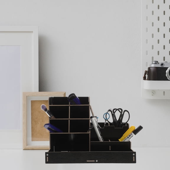 LULULION Wooden Desk Organizer with Drawer Black Pen Holder Multi Compartment Storage