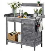SmileMart Wooden Garden Potting Bench Table with Cabinet, Gray