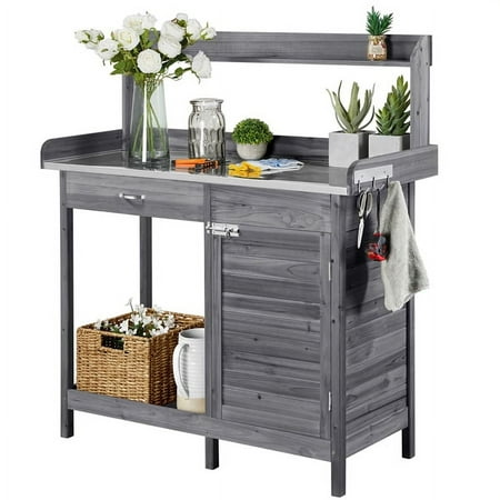 SmileMart Wooden Garden Potting Bench Table with Cabinet, Gray
